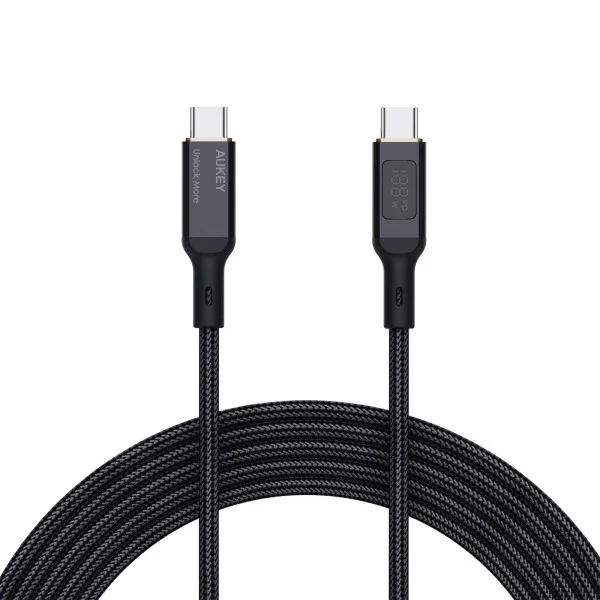 Aukey 100W Nylon Braided USB C to USB C 1.8m Cable with LCD Display, Black - CB-MCC102-BK